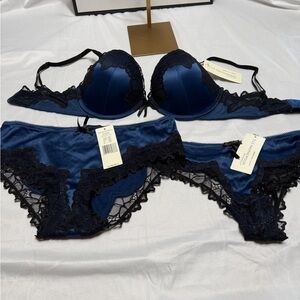 Satin Midnight Blue and Black Lace Bra and Panty Set